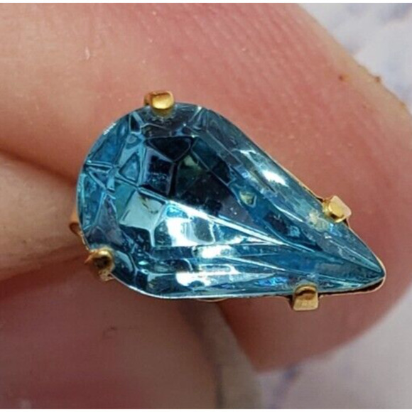 Gold Tone With Blue Gem Stone Teardrop Stud Earrings - Picture 2 of 7
